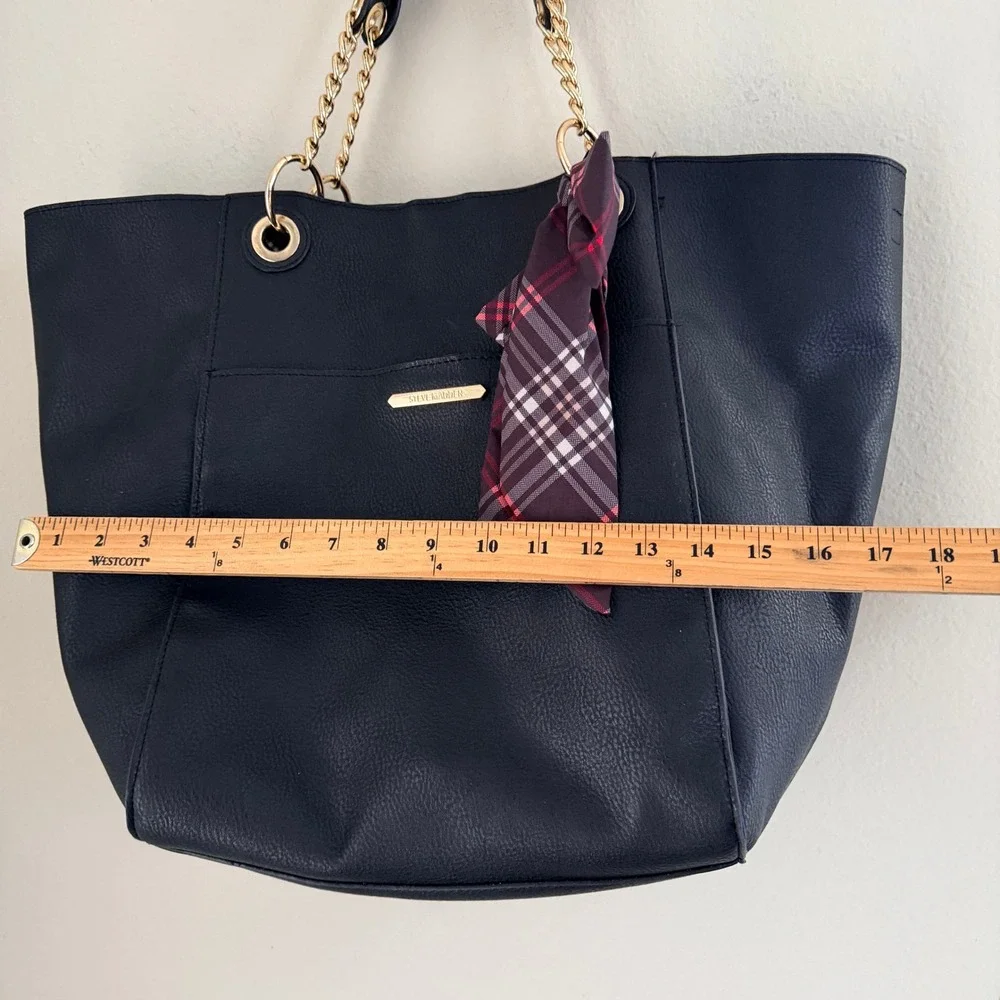 Steve Madden Black Faux Leather Tote Bag Gold Chain Straps Plaid Scarf Vegan